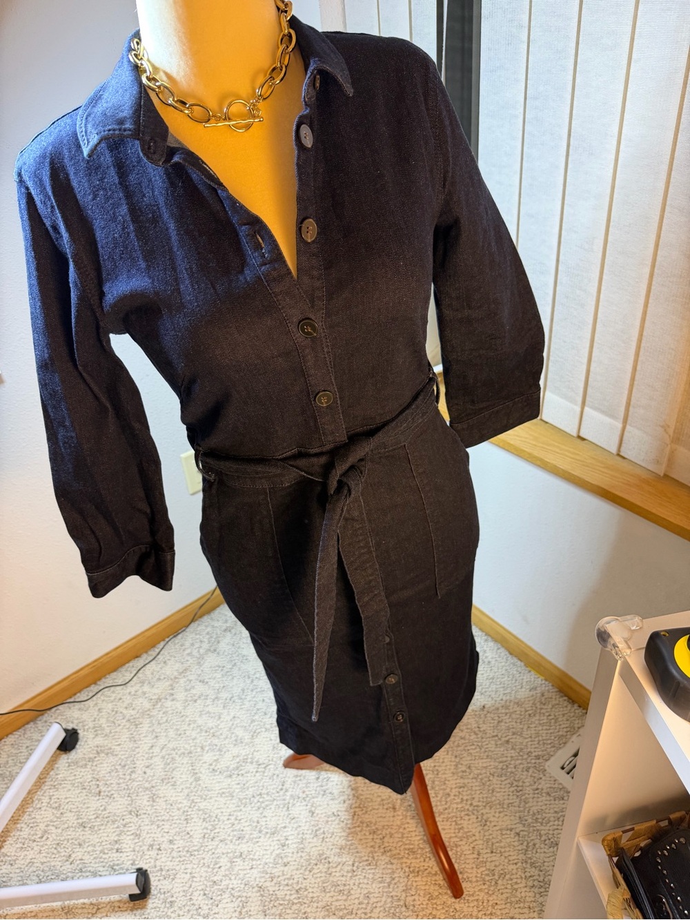Ann Taylor Navy Button-Front Midi Shirt Dress with Self Tie